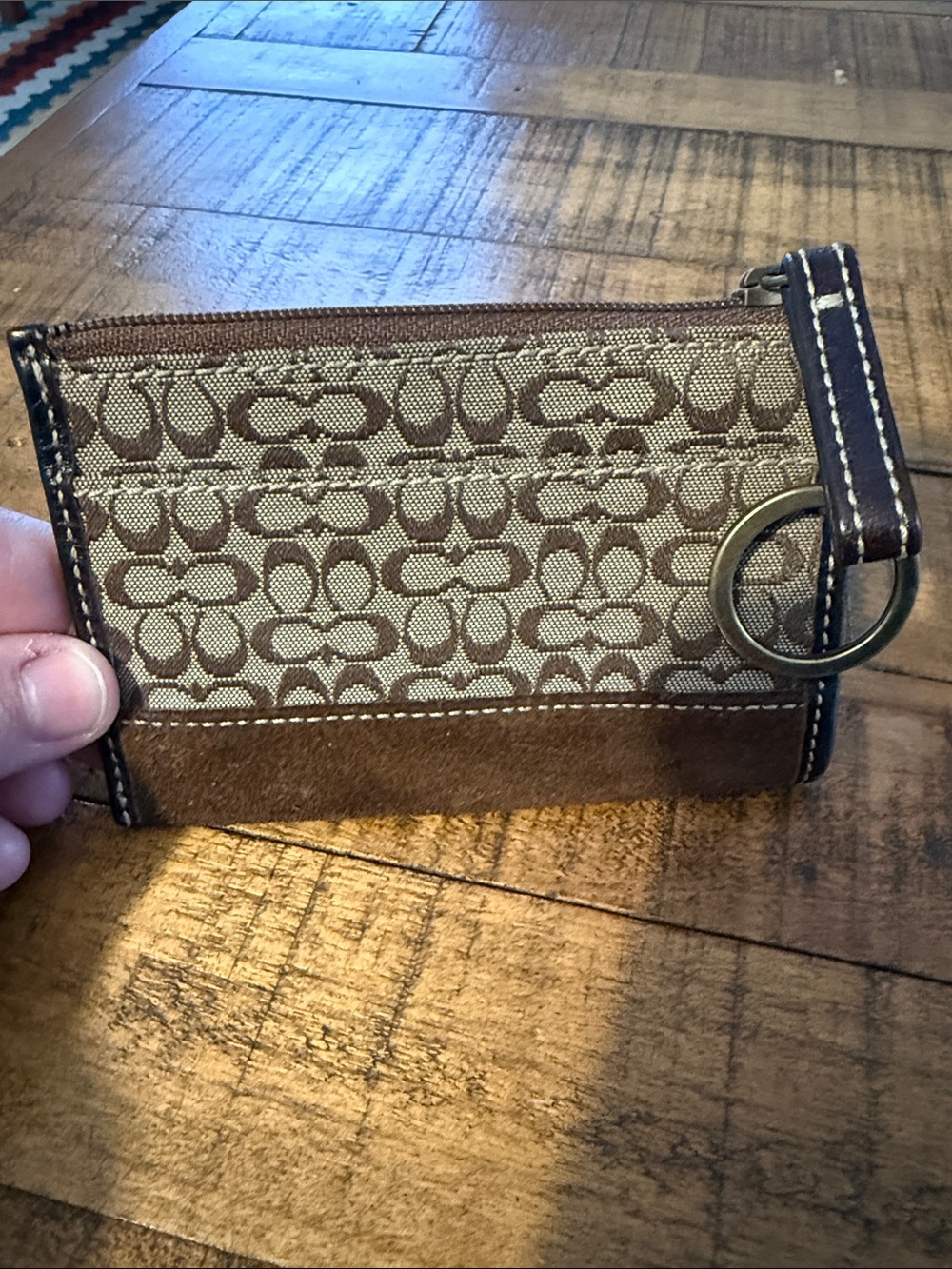 Coach Brown Signature Canvas Card Holder with Suede Trim and Key Ring - Picture 2 of 2